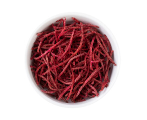 Beetroot strips, julienne style in a bowl isolated over white background