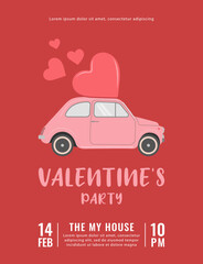 Happy Valentine's Day banner. Holiday background design with pink car and red hearts on red background. Poster, flyer, greeting card. Valentine's party