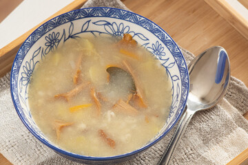 chanterelle mushroom soup in a plate on a napkin