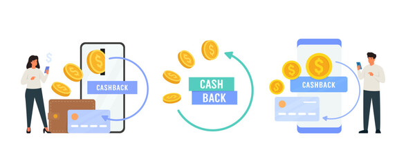 Mobile cash back service. Set of vector illustration of money refund, return on investment. People characters and huge smartphones with cashback symbols.
