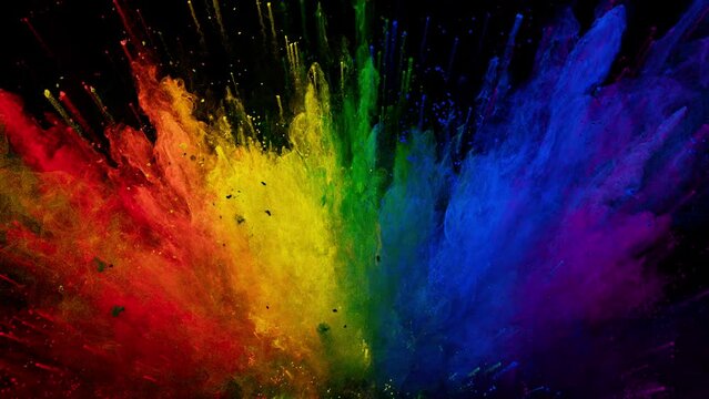 Cg animation of color powder explosion on black background. Lgbt flag colors. Slow motion movement with acceleration in the beginning and slowly orbiting camera. Has luma matte