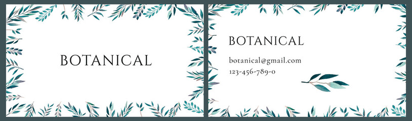 Botanical Business card, Watercolor Greenery leaves illustration, tropical leaves business card design template. Back and front, female entrepreneur green design. Eco, bio, vegan template business. 