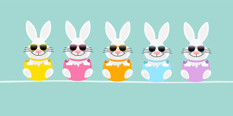 5 Weiße Osterhasen Sonnenbrille In Eierschale Sitzend Türkis