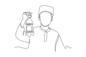 Single one line drawing Happy muslim boy holding ramadan lantern. Ramadan Concept. Continuous line draw design graphic vector illustration.