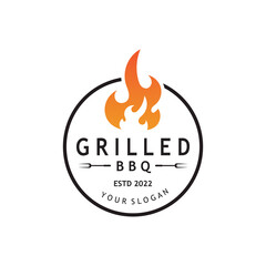 Barbecue BBQ Smoke and Grill Vintage Design Template With Crossed Spatula and Flame.
