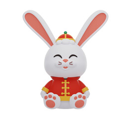 2023 Chinese new year. 3d. Cute rabbit in traditional Chinese clothing. Transparent background. 