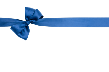 Nœud de ruban de satin pour paquet cadeau de couleur bleu, isolé sur du fond transparent.	