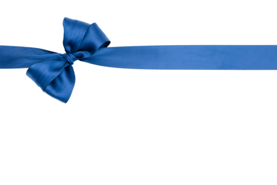 Nœud de ruban de satin pour paquet cadeau de couleur bleu, isolé sur du fond transparent.	