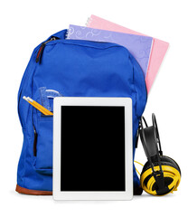 The digital table on with a School Backpack and headphones