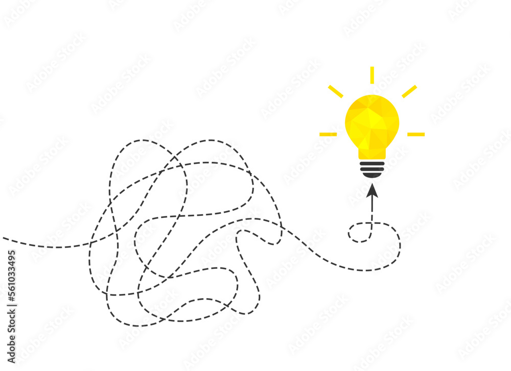 Poster idea concept with dotted line and light bulb. dashed line forming a clump of paper and leading to li