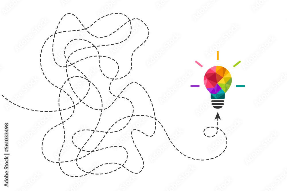 Poster creative idea concept with colorful light bulb. one continuous dashed line as thinking process, tria