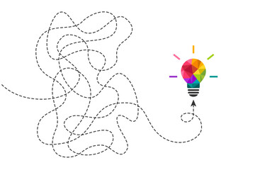 Creative idea concept with colorful light bulb. One continuous dashed line as thinking process, trials and challenges symbol leading to lightbulb made of vibrant colors.