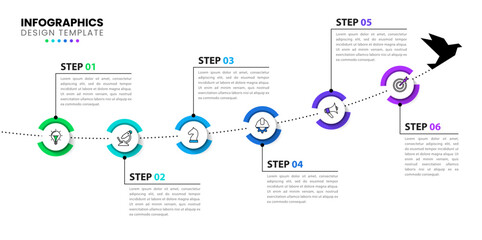 Infographic template. Timeline with bird and 6 steps