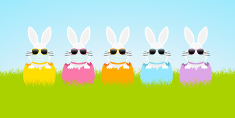 Obraz premium 5 Weiße Osterhasen Maske Sonnenbrille Eierschalen Wiese Himmel Banner