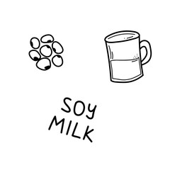 Soy milk hand drawn doodle set. Vector illustration. Isolated elements on white background. Lettering