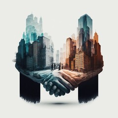 The double exposure handshake businees and city.Generative AI