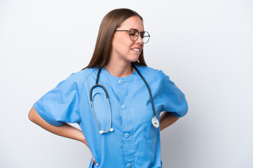 Young nurse caucasian woman isolated on white background suffering from backache for having made an effort