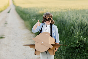 A cheerful kid in aviator's glasses sitting in a cardboard plane. Wheat field background lit by sunlight. Children's games and dreams. High quality photo