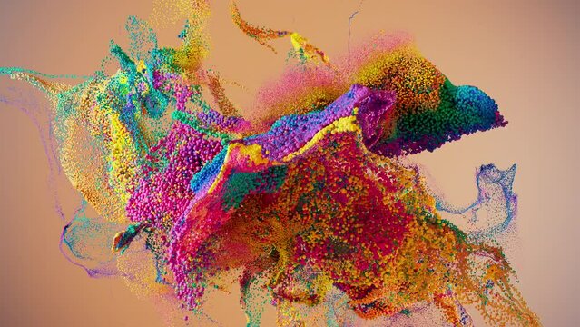 Abstract colorful particles fluid motion loop with speed up and slow down and orbiting camera. Cg animation.