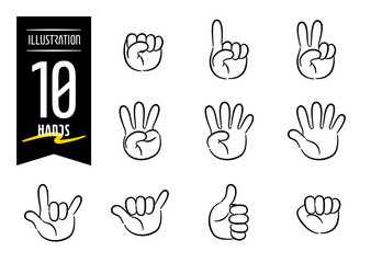 Set of 10 hand-drawn pop icon illustrations featuring hands with various hand signs © wakuwaku