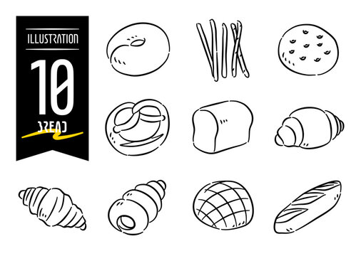 Set of 10 hand-drawn pop-style icon illustrations with bread motifs