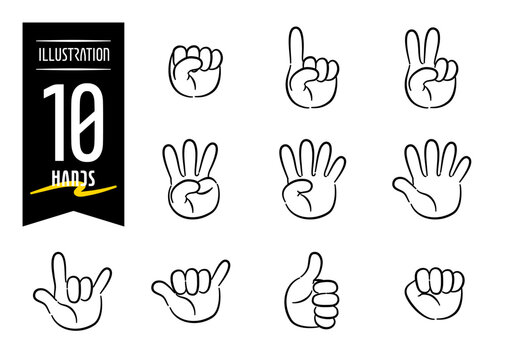 Set of 10 hand-drawn pop icon illustrations featuring hands with various hand signs