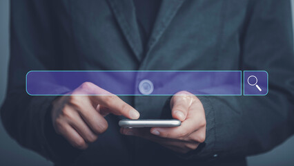 Search Engine Technology for find information or data network  with your website.concept. Search Console bar On Virtual Screen, Businessman hand use smartphone.