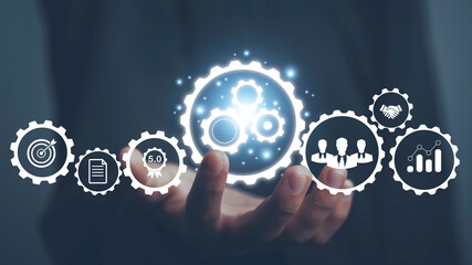 Operation management Business process control optimisation industrial technology and workflow concept. High performance, Problem solving, quality control. Hand hold gears icons .