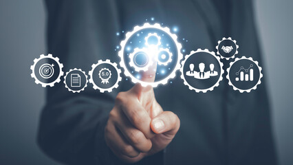 Operation management Business process control optimisation industrial technology and workflow concept. High performance, Problem solving, quality control. Hand touch gears icons .