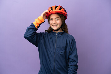 Little caucasian girl isolated on purple background smiling a lot