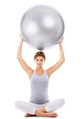 Pregnant woman, portrait and exercise ball with white background for fitness, pilates and wellness. Pregnancy, medicine ball and workout in studio for healthy maternity, yoga training and body energy