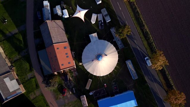 brandenburg circus tent in kremmen. Stunning aerial view flight vertical drone