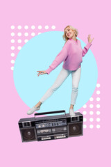 Vertical collage picture of cheerful little girl enjoy dancing stand huge boombox isolated on...