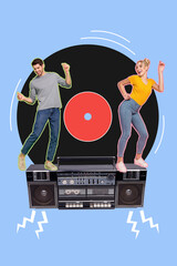 Collage photo of young couple people boyfriend dance vintage cassette recorder with girlfriend...
