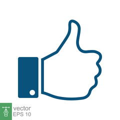 Thumb up, like icon. Simple flat style. Hand thumbs up line blue color, filled outline, social media concept. Vector illustration design isolated on white background. EPS 10.