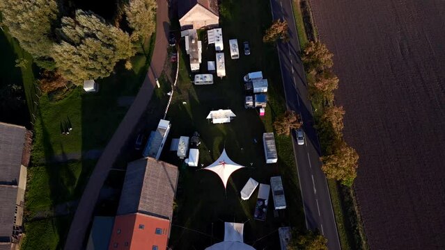 circus tent kremmen Oberhavel at golden houre. Amazing aerial view flight drone
