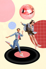 Vertical collage photo of young best friends girls dancing jumping excited stay vinyl retro plate...