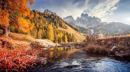 Scenic image of mountains. Great view on alps, calm river, colorful forest on the alpine highland during sunset. Wonderful Nature landscape. Travel is a Lifestyle, concept. Amazing, autumn scenery.