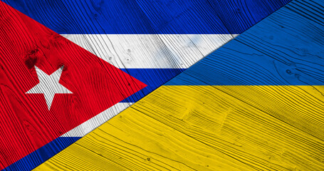 Background with flag of Cuba and Ukraine on wooden split plank. 3d illustration