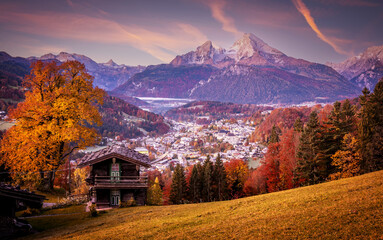 Impressive mountain scenery in the Bavarian Alps. Scenic image of nature landscape during sunset. alpine village of Berchtesgaden and Watzmann massif in background. Bavaria, Popular travel destination