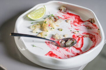 Dirty plates. The rest of the white fish tartare with lime and berry sauce. Dirty white ceramic plate