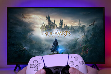 Fototapeta premium Man playing Hogwarts Legacy on TV screen, 13, Jan, 2023, Sao Paulo, Brazil