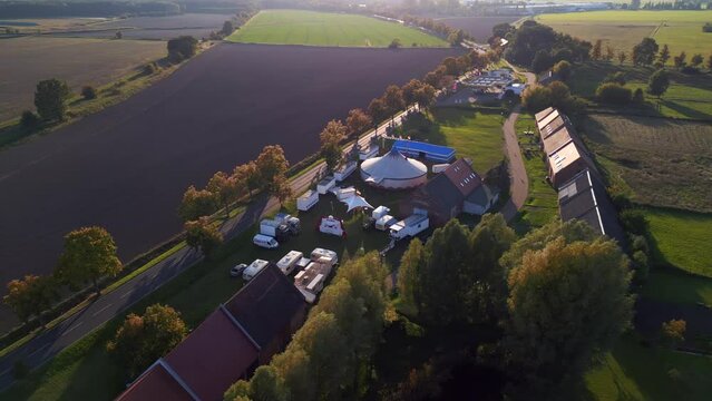 brandenburg circus tent road Village kremmen. Gorgeous aerial view flight drone