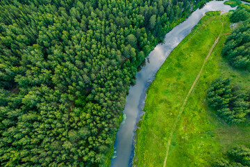 drone view of a river bend in a forest area, the banks are covered with grass