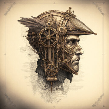 da vinci style sketch of face with steampunk items. AI generated