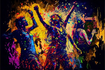 background with splashes and happy people celebrating while dancing at a festival.