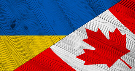 Background with flag of Ukraine and Canada on wooden split plank. 3d illustration