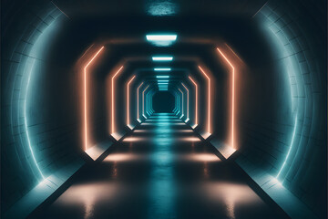 Futuristic Tunnel with Neon Light Tubes in Grunge Tunnel Corridor - 3D Render