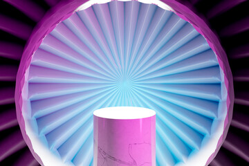 Marble wide, pink lit, cylinder shaped product presentation stage. Futuristic neon lit blue and pink turbine shaped backdrop. Digitally generated marketing template.