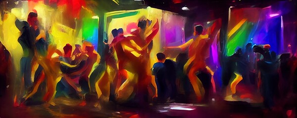 abstract colorful background with crowd of people dancing in the nightclub.